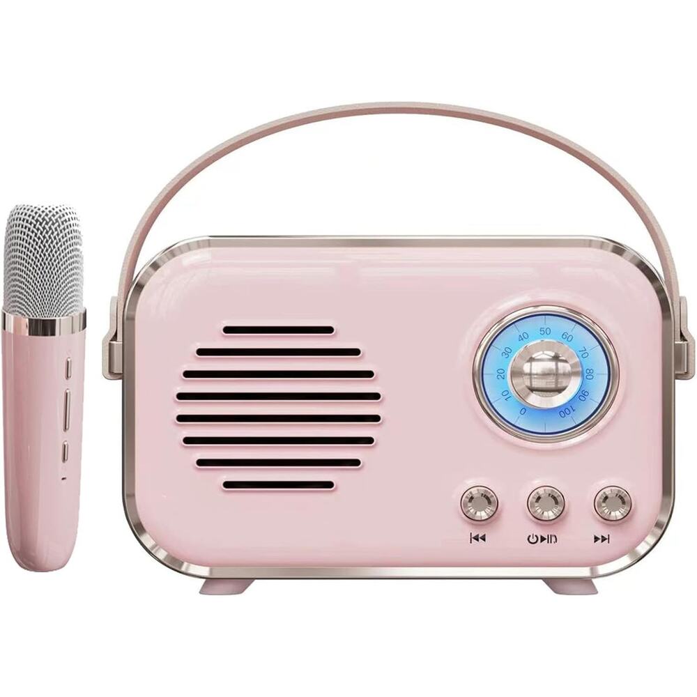 Retro Mini Karaoke Machine with Wireless Microphone, Portable Small, 1 Mic, Pink - Picture 1 of 6